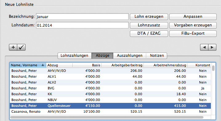 Lohnliste mit automatischem Quellensteuerabzug