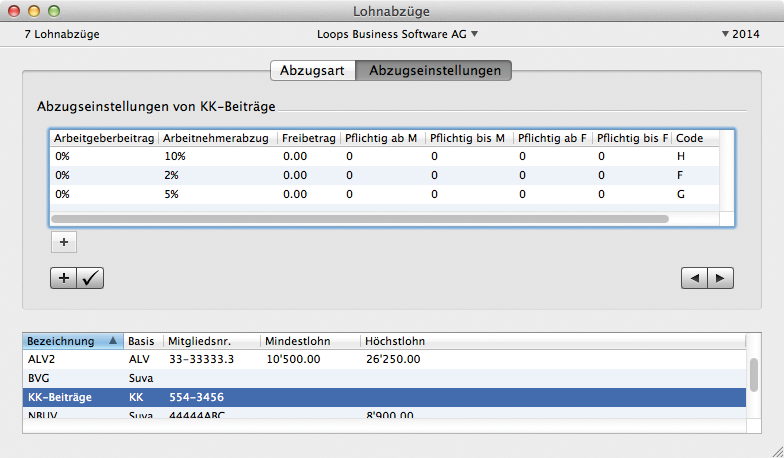Abzugseinstellungen Krankenkasse mit verschiedenen Codes
