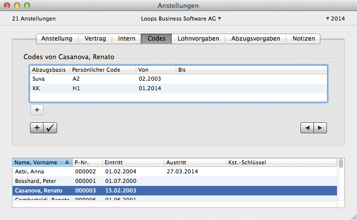 Codes für zwei Mitarbeiter in Anstellungen zuweisen