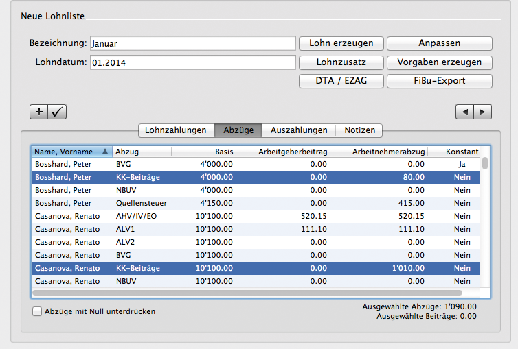 Lohnliste Abzüge mit Krankenkassenbeiträgen nach Code