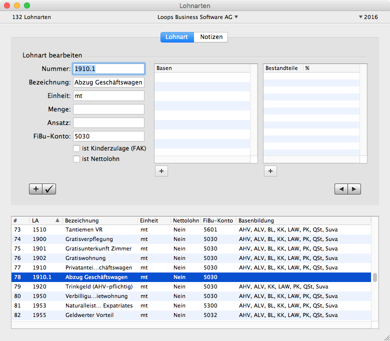 Lohnart Privatanteil Geschäftswagen konfigurieren in LoopsLohn