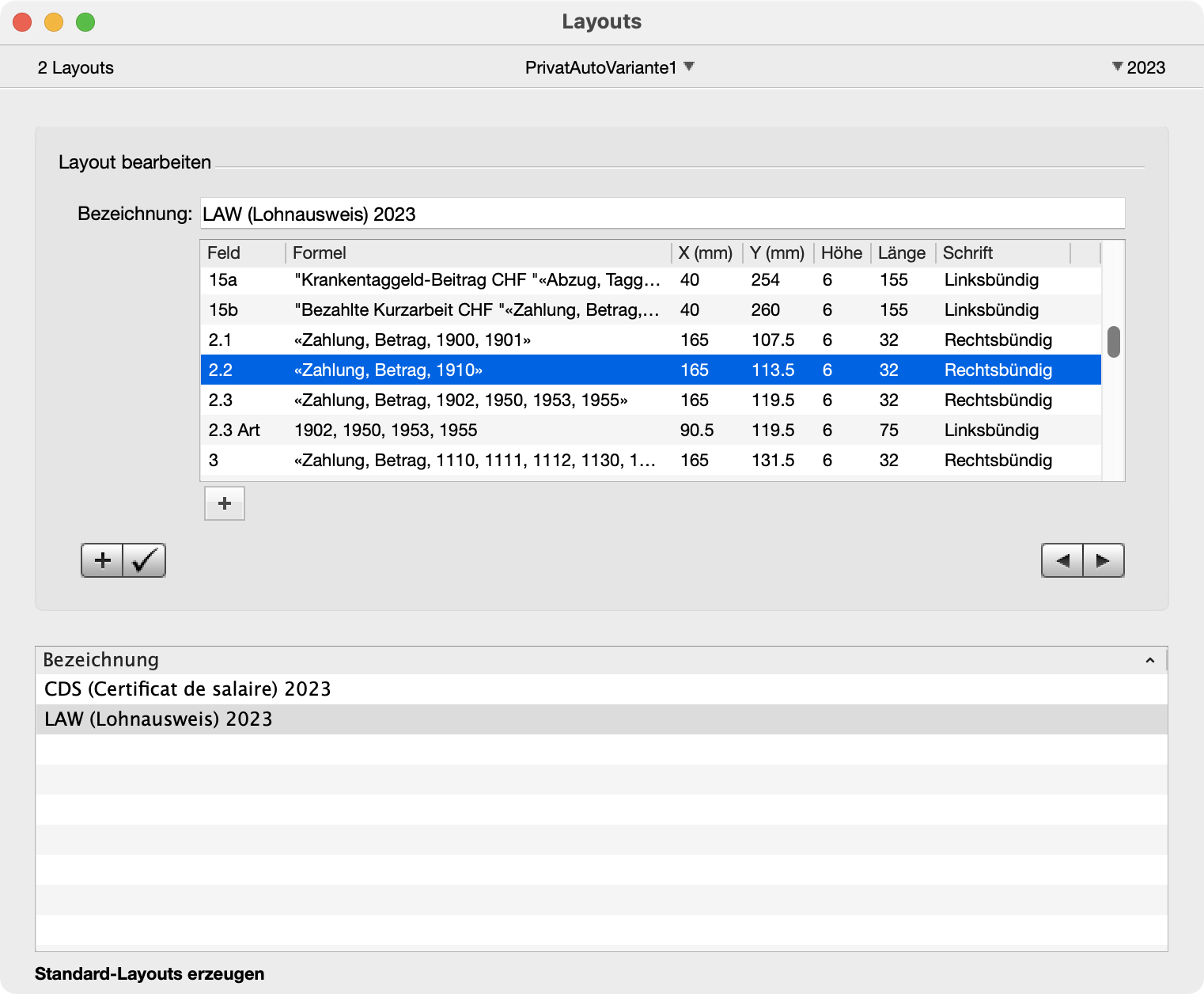 Fenster Lohnausweis-Layouts in LoopsLohn