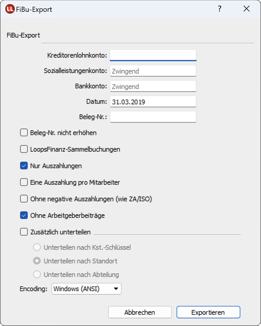 Fenster FiBu-Export mit Exporteinstellungen