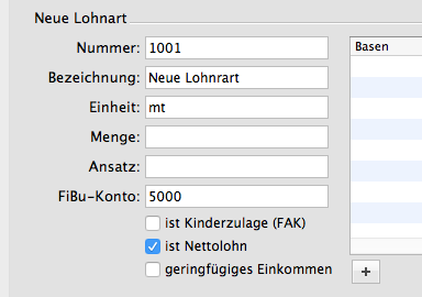 Neue Lohnart anlegen mit Nummer, Bezeichnung und Optionen