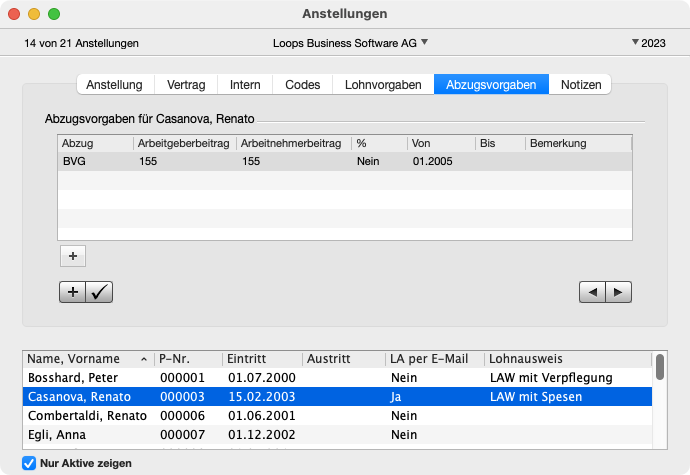 Bereich Abzugsvorgaben im Fenster Anstellungen
