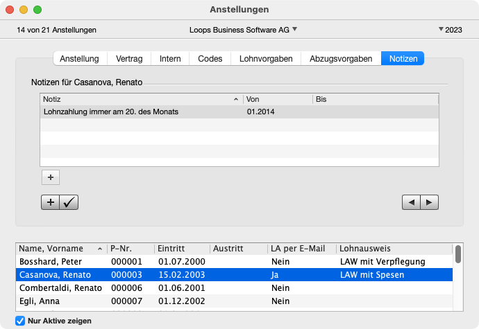 Bereich Notizen im Fenster Anstellungen