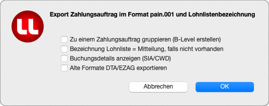 Dialogfenster ZA/ISO-Export Optionen