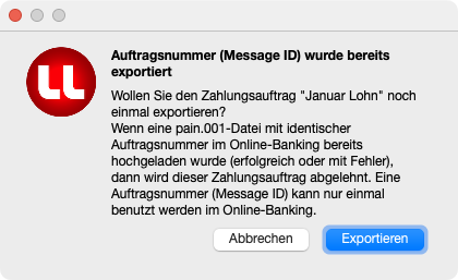 Meldung bei erneutem Export eines Zahlungsauftrags