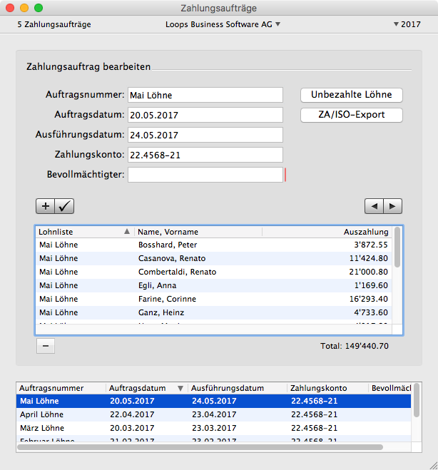 Fenster Zahlungsaufträge in LoopsLohn