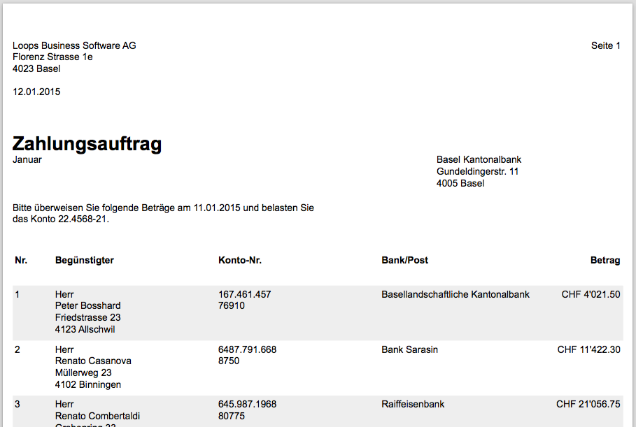 Druckvorschau eines Zahlungsauftrags