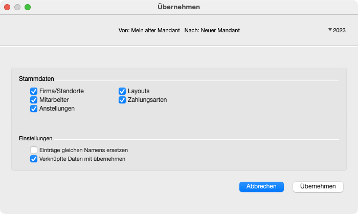 Dialogfenster Daten übernehmen mit Stammdaten-Optionen