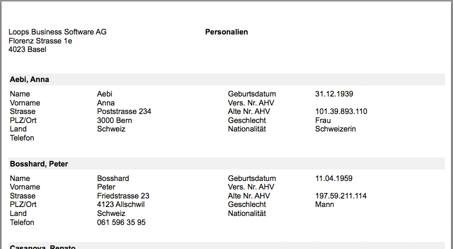 Ausdruck des Personalstamms eines Mitarbeiters