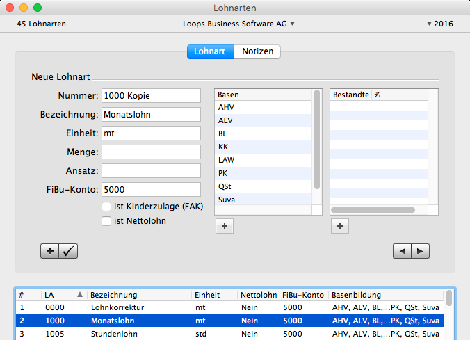 Duplizierte Lohnart mit Kopie-Kennzeichnung in der Eingabemaske