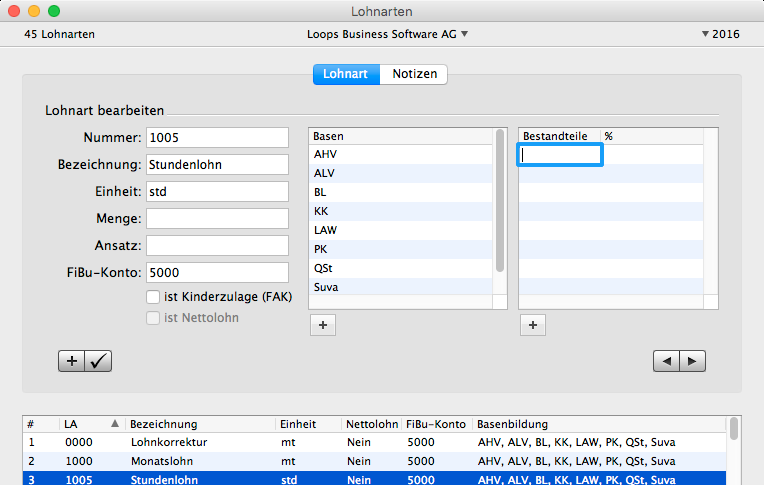 Lohnarten-Fenster mit Bestandteile-Liste in LoopsLohn
